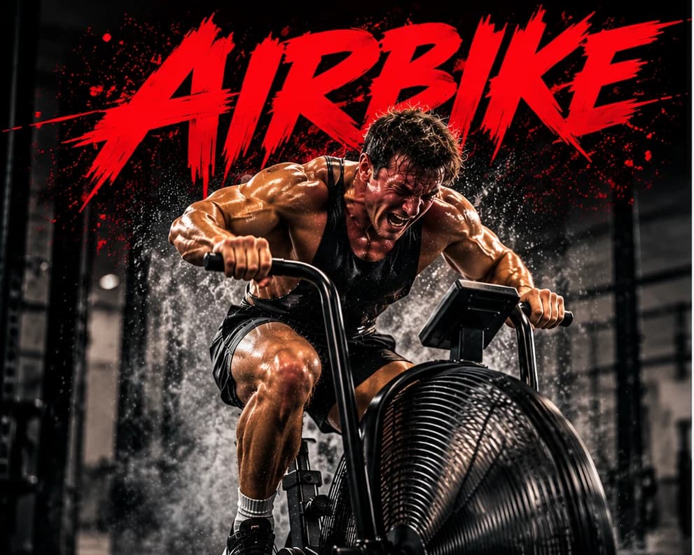 Airbike – en man ger allt på en airbike under den röda tävlingsrubriken.