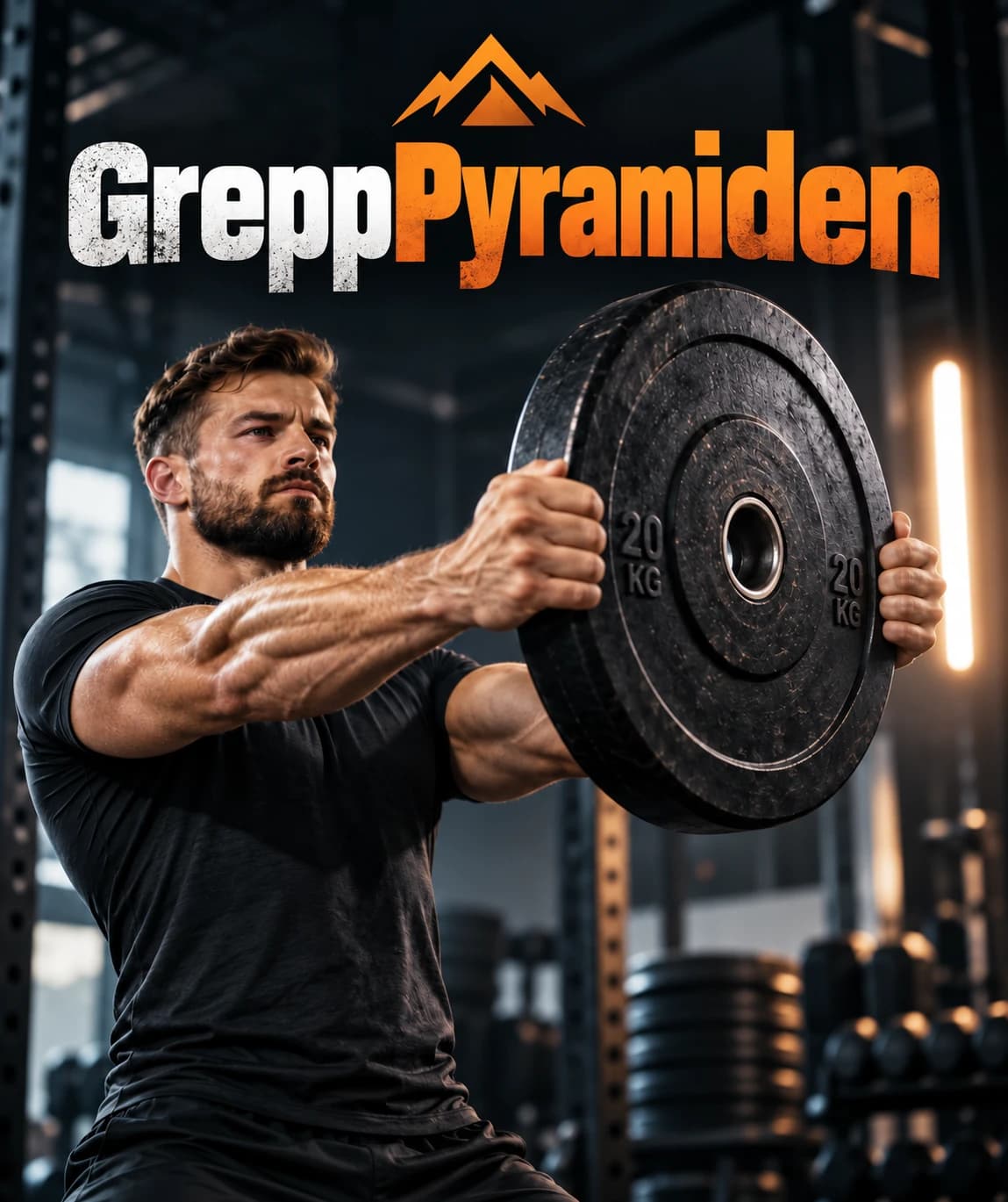 GreppPyramiden – en man håller viktskivor framför sig.