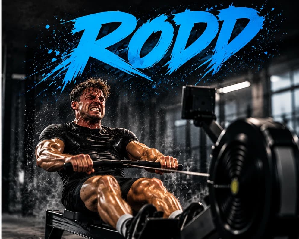 Rodd – en man tränar på en roddmaskin under den blå tävlingsrubriken.